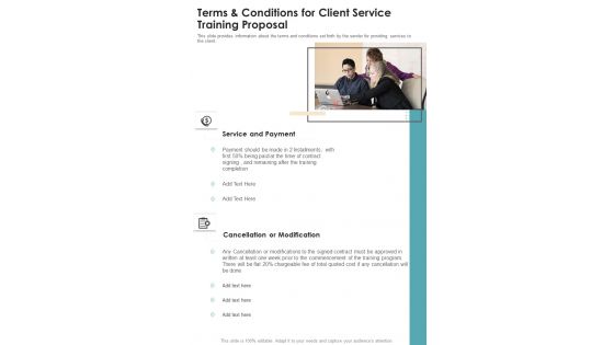 Terms And Conditions For Client Service Training Proposal One Pager Sample Example Document