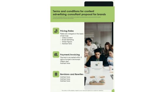 Terms And Conditions For Content Advertising Consultant For Brands One Pager Sample Example Document