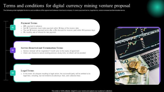 Terms And Conditions For Digital Currency Mining Venture Proposal Icons PDF