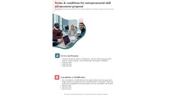 Terms And Conditions For Entrepreneurial Skill Advancement Proposal One Pager Sample Example Document