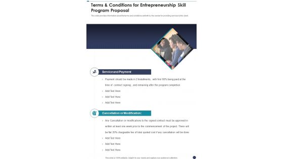 Terms And Conditions For Entrepreneurship Skill Program Proposal One Pager Sample Example Document