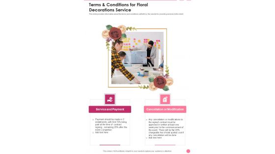 Terms And Conditions For Floral Decorations Service One Pager Sample Example Document