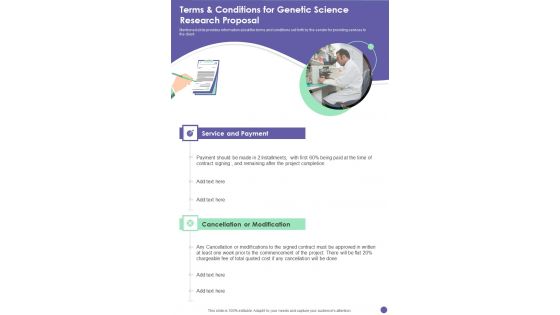 Terms And Conditions For Genetic Science Research Proposal One Pager Sample Example Document