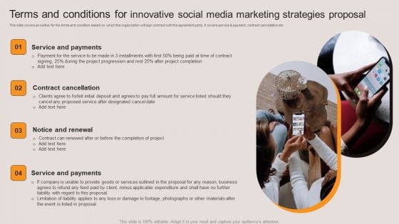 Terms And Conditions For Innovative Social Media Marketing Strategies Proposal Portrait PDF