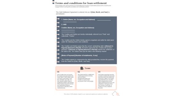 Terms And Conditions For Loan Settlement One Pager Sample Example Document