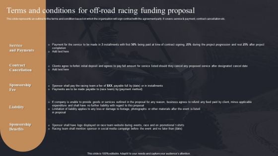 Terms And Conditions For Off Road Racing Funding Proposal Ppt PowerPoint Presentation File Infographics PDF Terms And Conditions For Off Road Racing Funding Proposal Ppt PowerPoint Presentation File Infographics PDF