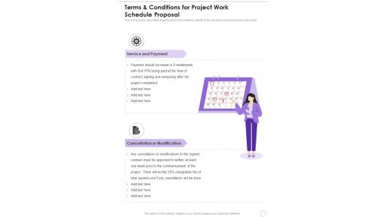 Terms And Conditions For Project Work Schedule Proposal One Pager Sample Example Document