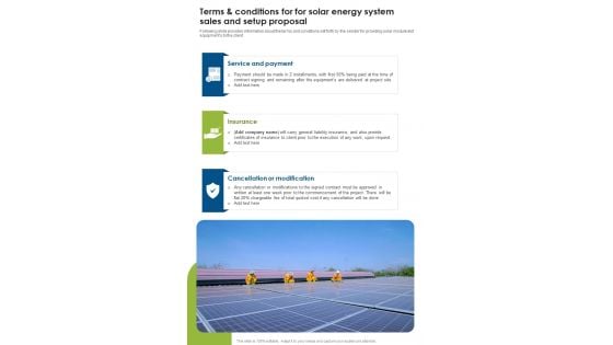 Terms And Conditions For Solar Energy System Sales And Setup One Pager Sample Example Document