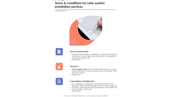 Terms And Conditions For Solar System Installation Services One Pager Sample Example Document