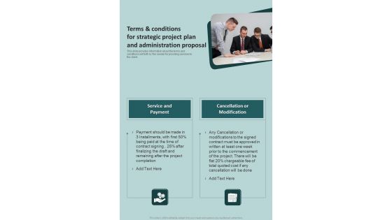 Terms And Conditions For Strategic Project Plan And Administration Proposal One Pager Sample Example Document Terms And Conditions For Strategic Project Plan And Administration Proposal One Pager Sample Example Document