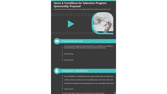 Terms And Conditions For Television Program Sponsorship Proposal One Pager Sample Example Document