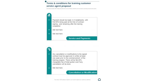 Terms And Conditions For Training Customer Service Agent Proposal One Pager Sample Example Document