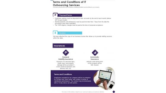 Terms And Conditions Of IT Outsourcing Services One Pager Sample Example Document