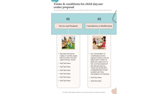 Terms Andconditions For Child Daycare Center Proposal One Pager Sample Example Document