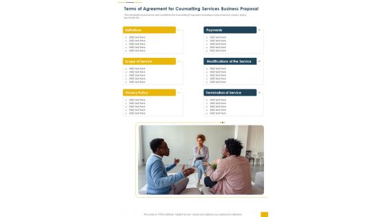 Terms Of Agreement For Counselling Services Business Proposal One Pager Sample Example Document