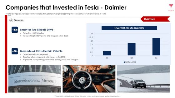 Tesla Capital Raising Elevator Companies That Invested In Tesla Daimler Ppt PowerPoint Presentation Gallery Samples PDF