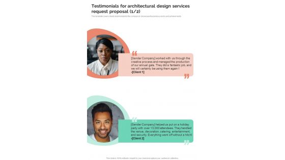 Testimonials For Architectural Design Services Request Proposal One Pager Sample Example Document