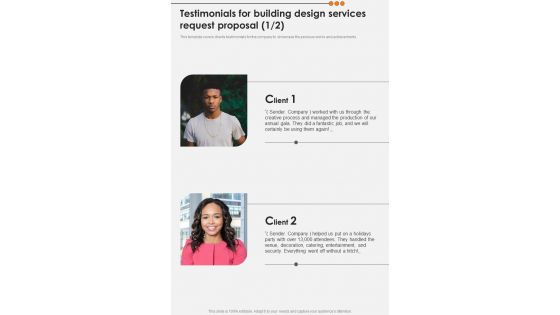 Testimonials For Building Design Services Request Proposal One Pager Sample Example Document Testimonials For Building Design Services Request Proposal One Pager Sample Example Document