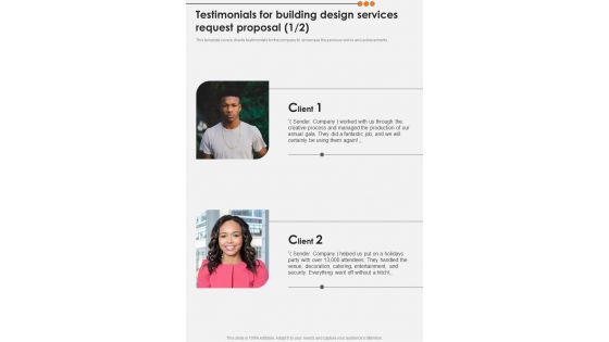 Testimonials For Building Design Services Request Proposal One Pager Sample Example Document