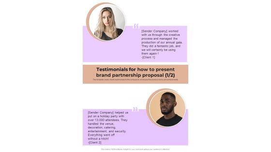Testimonials For How To Present Brand Partnership Proposal One Pager Sample Example Document Testimonials For How To Present Brand Partnership Proposal One Pager Sample Example Document