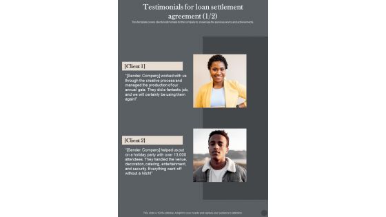 Testimonials For Loan Settlement Agreement One Pager Sample Example Document Testimonials For Loan Settlement Agreement One Pager Sample Example Document