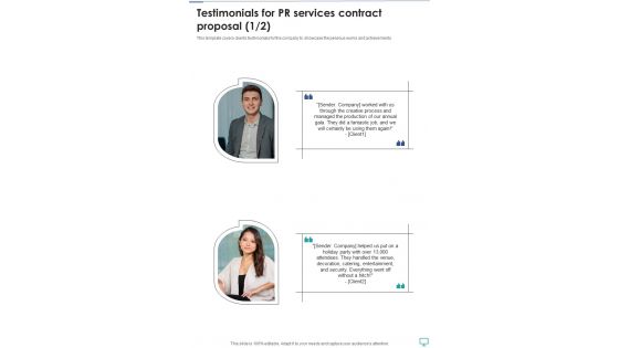 Testimonials For Pr Services Contract Proposal One Pager Sample Example Document