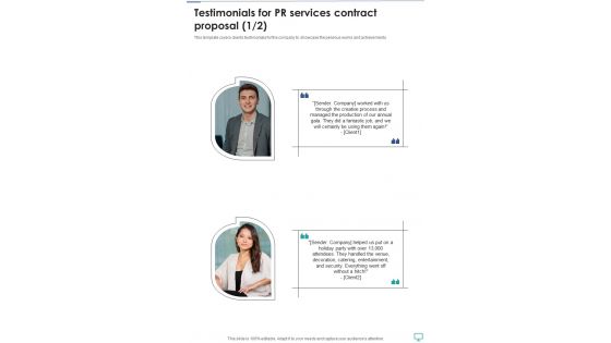 Testimonials For Pr Services Contract Proposal One Pager Sample Example Document Testimonials For Pr Services Contract Proposal One Pager Sample Example Document