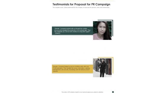 Testimonials For Proposal For PR Campaign One Pager Sample Example Document