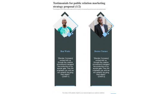 Testimonials For Public Relation Marketing Strategy Proposal One Pager Sample Example Document Testimonials For Public Relation Marketing Strategy Proposal One Pager Sample Example Document