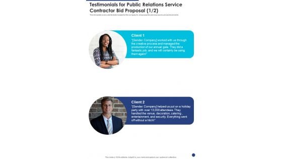 Testimonials For Public Relations Service Contractor Bid Proposal One Pager Sample Example Document