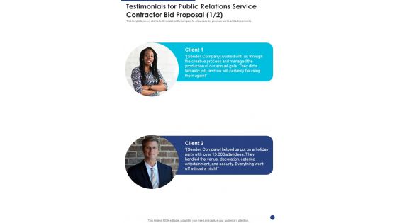 Testimonials For Public Relations Service Contractor Bid Proposal One Pager Sample Example Document Testimonials For Public Relations Service Contractor Bid Proposal One Pager Sample Example Document