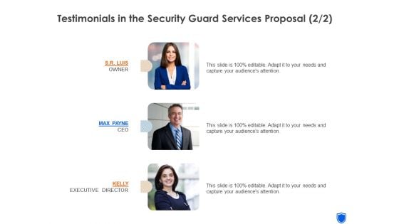 Testimonials In The Security Guard Services Proposal Audience Ppt Pictures Gridlines PDF