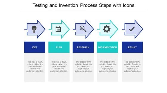 Testing And Invention Process Steps With Icons Ppt PowerPoint Presentation Professional Slide Portrait PDF