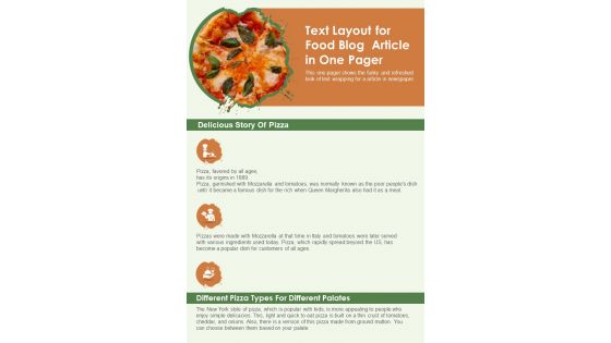 Text Layout For Food Blog Article In One Pager PDF Document PPT Template