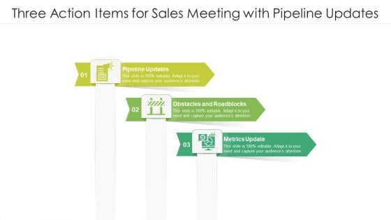 Three Action Items For Sales Meeting With Pipeline Updates Ppt PowerPoint Presentation Gallery Graphics Template PDF Three Action Items For Sales Meeting With Pipeline Updates Ppt PowerPoint Presentation Gallery Graphics Template PDF