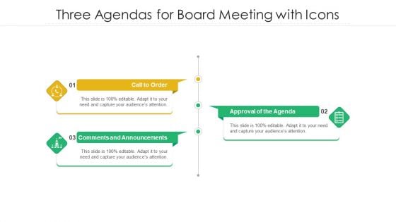 Three Agendas For Board Meeting With Icons Ppt PowerPoint Presentation Gallery Slide Portrait PDF