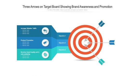 Three Arrows On Target Board Showing Brand Awareness And Promotion Ppt Powerpoint Presentation File Show Pdf