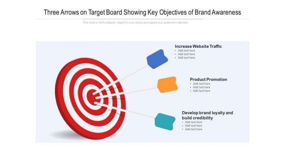 Three Arrows On Target Board Showing Key Objectives Of Brand Awareness Ppt Powerpoint Presentation Portfolio Master Slide Pdf