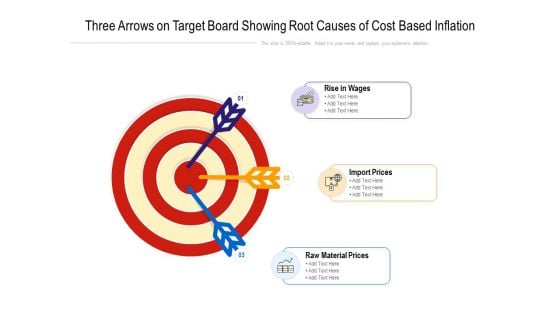 Three Arrows On Target Board Showing Root Causes Of Cost Based Inflation Ppt Powerpoint Presentation Outline Images Pdf