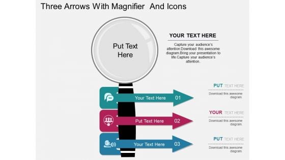 Three Arrows With Magnifier And Icons PowerPoint Template