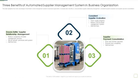 Three Benefits Of Automated Supplier Management System In Business Organization Topics PDF