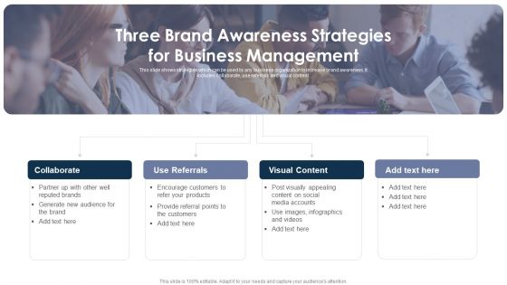 Three Brand Awareness Strategies For Business Management Demonstration PDF