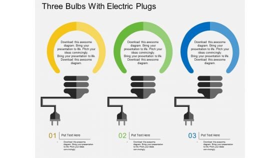 Three Bulbs With Electric Plugs Powerpoint Template