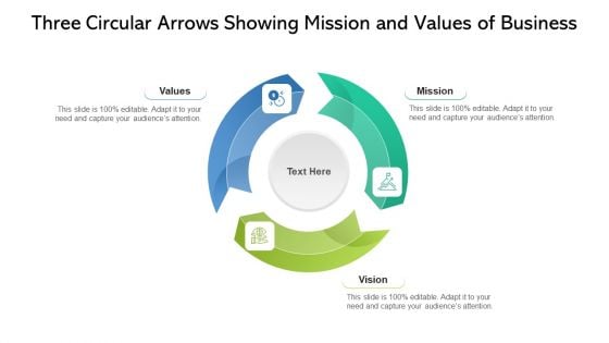 Three Circular Arrows Showing Mission And Values Of Business Ppt PowerPoint Presentation File Portfolio PDF