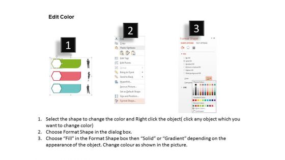 Three Colored Tags And Icons With Business Peoples Powerpoint Templates