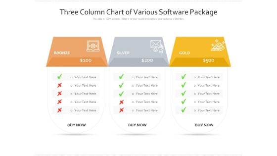 Three Column Chart Of Various Software Package Ppt PowerPoint Presentation Slides Show PDF