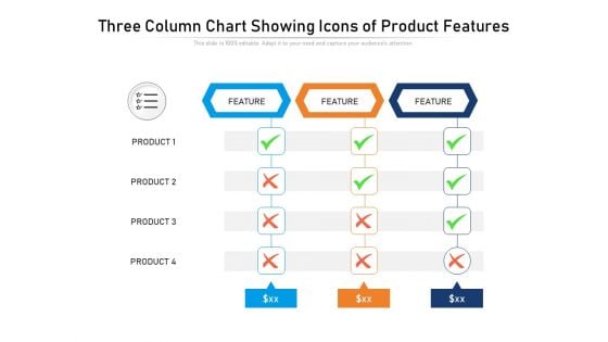 Three Column Chart Showing Icons Of Product Features Ppt PowerPoint Presentation Infographics Show PDF