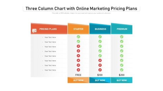 Three Column Chart With Online Marketing Pricing Plans Ppt PowerPoint Presentation Summary Tips PDF