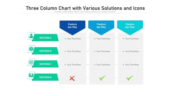 Three Column Chart With Various Solutions And Icons Ppt PowerPoint Presentation Infographic Template Graphics Design PDF