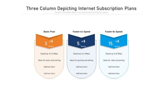 Three Column Depicting Internet Subscription Plans Ppt PowerPoint Presentation File Aids PDF